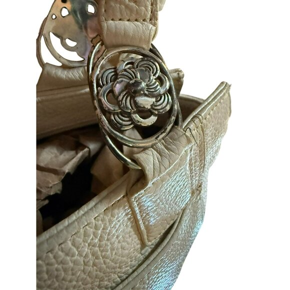 Brighton Cream Pebbled Leather Shoulder Tote Bag With Floral Metal Accents - Picture 6 of 12